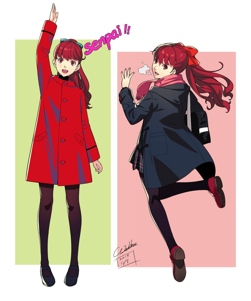 1girl :d bag breath hair_ribbon jacket long_hair looking_back open_mouth pantyhose persona persona_5 persona_5_the_royal ponytail red_eyes redhead ribbon scarf school_bag school_uniform shuujin_academy_uniform skirt smile werkbau yoshizawa_kasumi