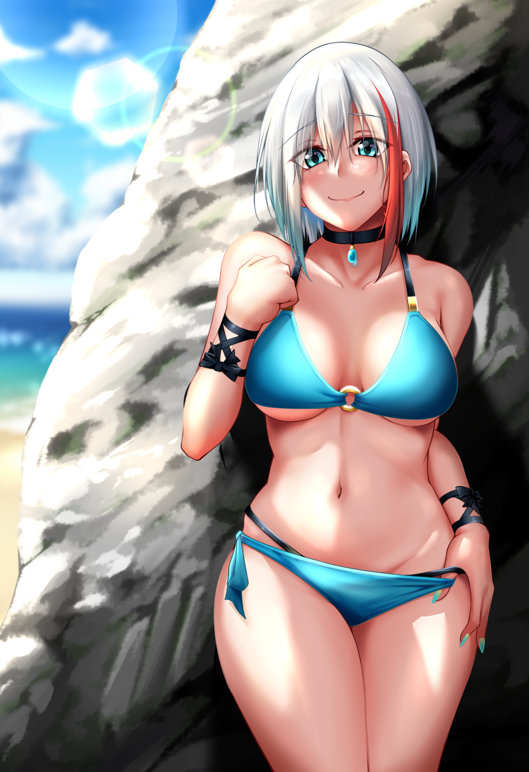 1girl admiral_graf_spee_(azur_lane) azur_lane bikini bikini_pull blue_bikini blue_nails blue_sky blush breasts breasts_apart choker collarbone commentary_request day eyebrows_visible_through_hair fingernails hair_between_eyes highres large_breasts lens_flare long_fingernails looking_at_viewer multicolored_hair nail_polish navel o-ring o-ring_bikini ocean pon_(koteigainen) redhead rock sharp_fingernails short_hair side-tie_bikini silver_hair sky smile solo streaked_hair swimsuit wrist_straps