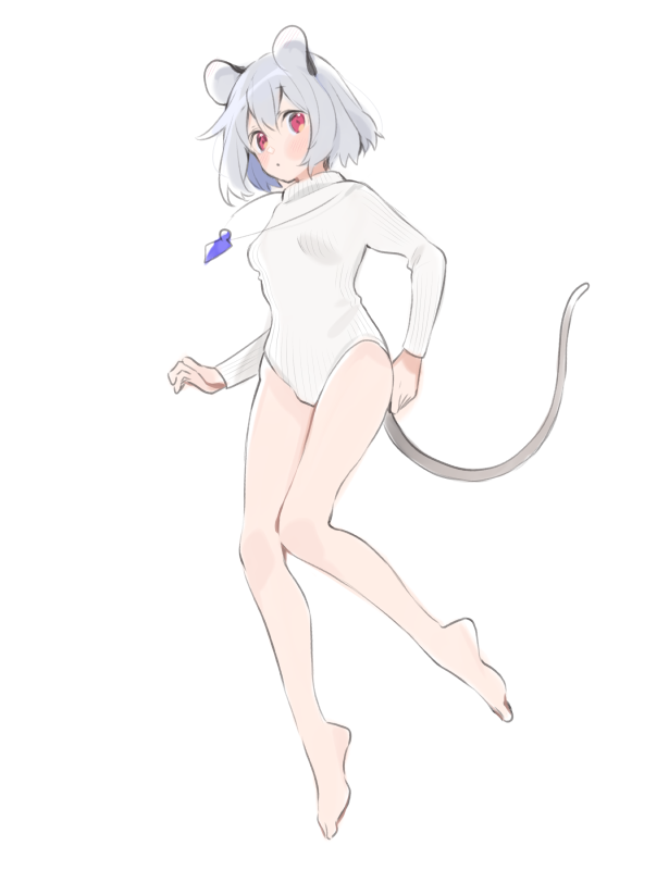 1girl adjusting_clothes adjusting_leotard akagashi_hagane animal_ears barefoot full_body grey_hair jewelry legs leotard mouse_ears mouse_tail nazrin pendant red_eyes short_hair simple_background sketch solo tail toes touhou white_background white_leotard