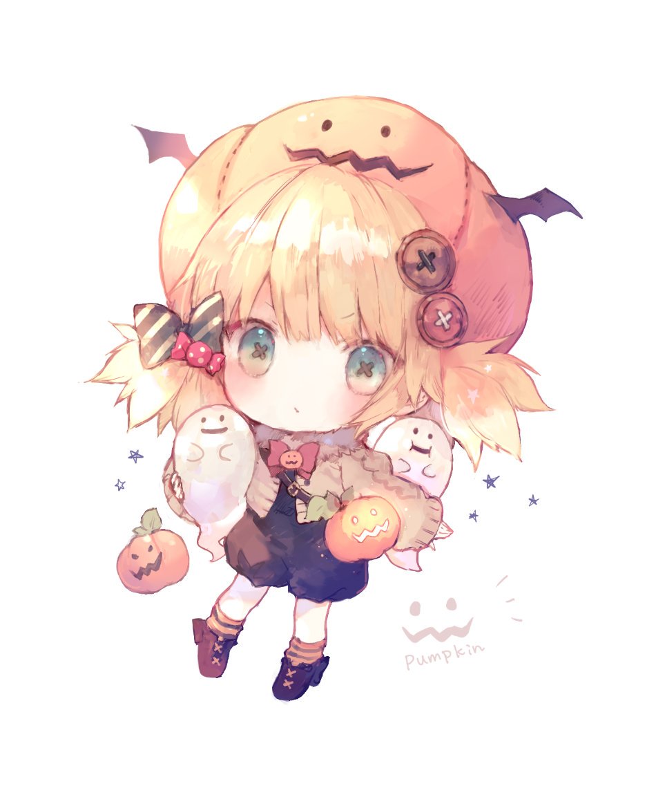 1girl bangs black_footwear blonde_hair blue_eyes blush bow brown_jacket closed_mouth commentary eyebrows_visible_through_hair full_body ghost jack-o'-lantern jacket long_sleeves looking_at_viewer onineko open_clothes open_jacket original puffy_long_sleeves puffy_sleeves pumpkin_hat red_bow romper shoes simple_background sleeves_past_wrists socks solo striped striped_legwear symbol-shaped_pupils symbol_commentary twintails v-shaped_eyebrows white_background