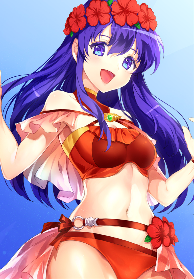 1girl :d bangs bare_shoulders bikini blue_background blue_eyes blue_hair blue_sky breasts cleavage_cutout cowboy_shot cute day fire_emblem fire_emblem:_fuuin_no_tsurugi fire_emblem:_the_binding_blade fire_emblem_6 fire_emblem_heroes fire_emblem_sword_of_seals flower frills gradient gradient_background head_wreath intelligent_systems jurge lilina_(fire_emblem) long_hair moe navel nintendo o-ring open_mouth outdoors red_flower red_swimsuit simple_background sky small_breasts smile solo stomach swimsuit w_arms waist_cape