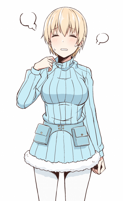 1girl blonde_hair blue_sweater blush brave_witches breasts closed_eyes eyebrows_visible_through_hair large_breasts momiji7728 nikka_edvardine_katajainen open_mouth pantyhose ribbed_sweater shiny shiny_hair short_hair simple_background solo standing sweat sweatdrop sweater turtleneck turtleneck_sweater white_background white_legwear world_witches_series