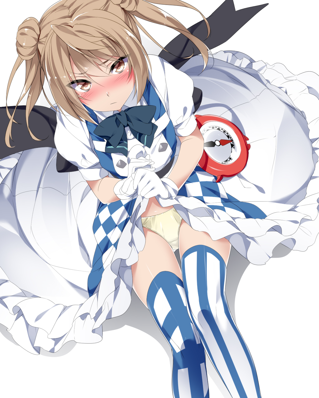 &gt;:( 1girl black_bow black_neckwear blonde_hair blush bow bowtie brown_eyes checkered closed_mouth compass double-breasted double_bun dress dress_lift dutch_angle frilled_dress frills frown gloves highres kantai_collection layered_dress lifted_by_self looking_at_viewer michishio_(kantai_collection) mismatched_legwear mtu_(orewamuzituda) nose_blush panties puffy_short_sleeves puffy_sleeves short_hair short_sleeves sitting solo striped striped_legwear thigh_gap two_side_up underwear v-shaped_eyebrows vertical-striped_legwear vertical_stripes white_dress white_gloves white_panties