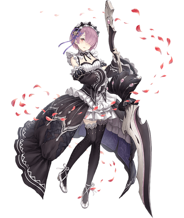 crossover detached_sleeves dress frilled_dress frills frown full_body hair_over_one_eye hairband holding holding_weapon ji_no looking_at_viewer official_art petals pink_hair polearm ram_(re:zero) re:zero_kara_hajimeru_isekai_seikatsu red_eyes showgirl_skirt sinoalice solo thigh-highs transparent_background weapon wide_sleeves