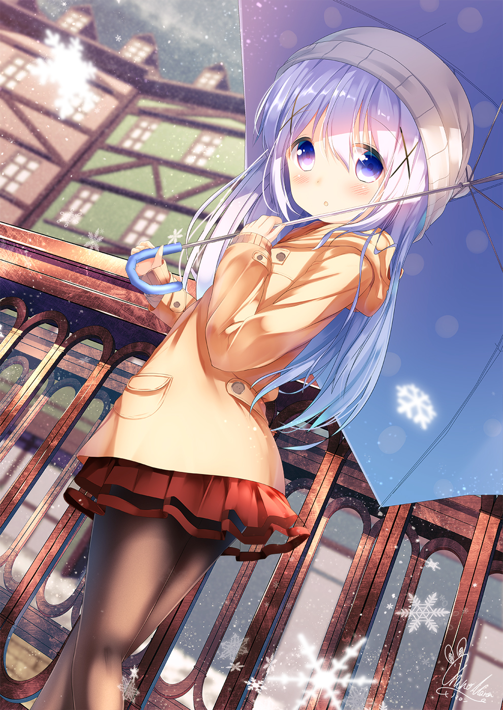 1girl :o bangs blue_eyes blue_hair blue_umbrella blurry blurry_background blush brown_jacket brown_legwear building chinomaron commentary_request day depth_of_field dutch_angle eyebrows_visible_through_hair gochuumon_wa_usagi_desu_ka? hair_between_eyes hair_ornament highres holding holding_umbrella hood hood_down hooded_jacket jacket kafuu_chino long_hair long_sleeves looking_at_viewer looking_to_the_side outdoors pantyhose parted_lips pleated_skirt polka_dot polka_dot_umbrella railing red_skirt signature skirt sleeves_past_wrists snowflakes snowing solo umbrella very_long_hair window x_hair_ornament