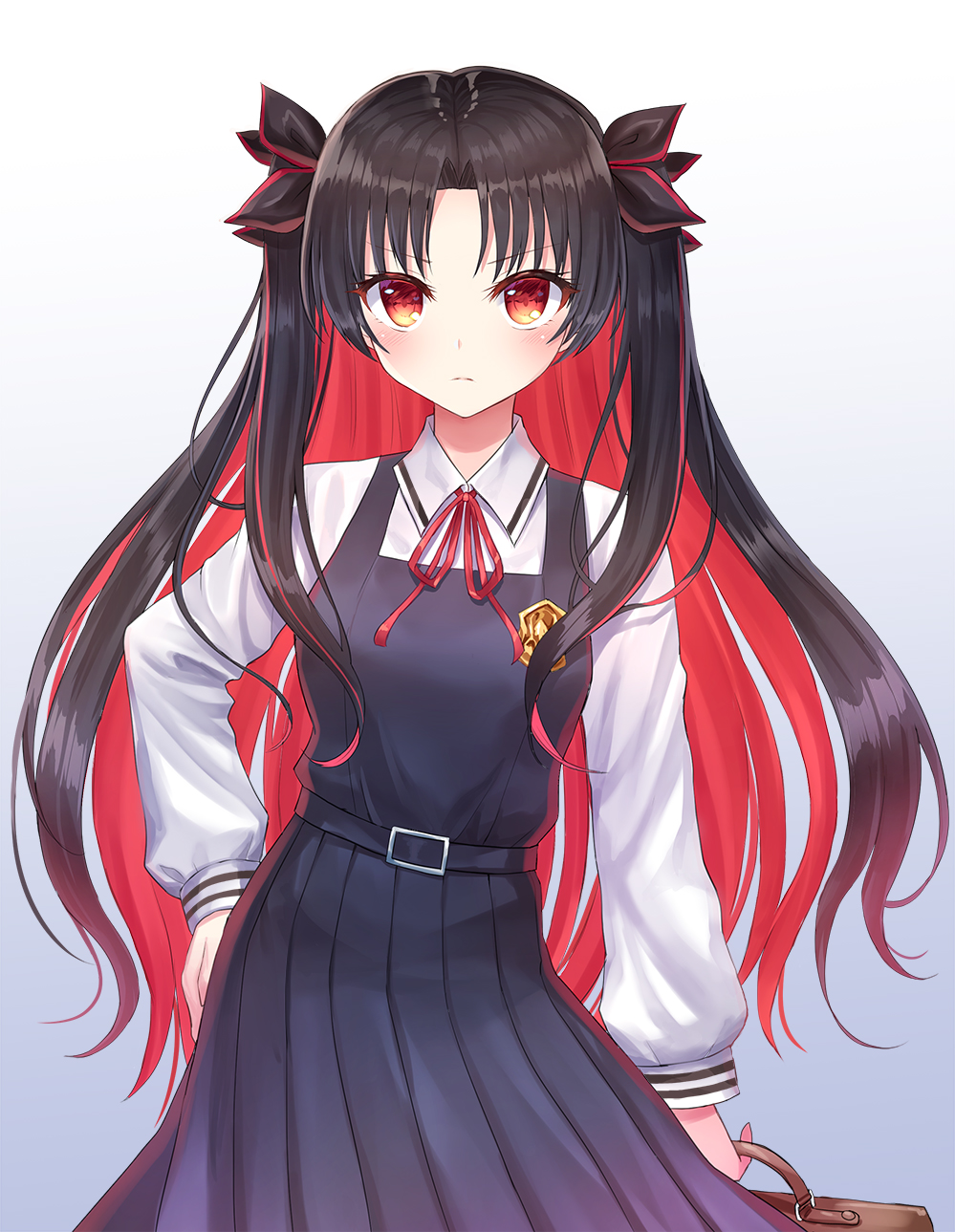 1girl bangs black_dress black_hair blue_background blush breasts closed_mouth collared_shirt dress eyebrows_visible_through_hair fate/grand_order fate_(series) gradient gradient_background hair_ornament hand_on_hip highres holding ishtar_(fate/grand_order) long_hair looking_at_viewer multicolored_hair neck_ribbon parted_bangs pinafore_dress pleated_dress red_eyes red_ribbon redhead revision ribbon school_briefcase seungju_lee shirt sleeveless sleeveless_dress small_breasts solo space_ishtar_(fate) two-tone_hair two_side_up v-shaped_eyebrows very_long_hair white_background white_shirt