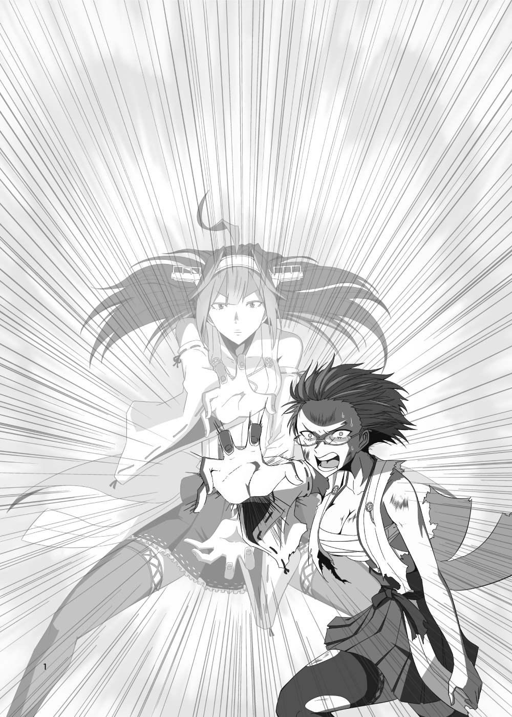 2girls birii black_hair blood commentary_request dragon_ball dragon_ball_z father-son_kamehameha glasses greyscale hairband headgear highres injury japanese_clothes kamehameha kantai_collection kirishima_(kantai_collection) kongou_(kantai_collection) long_hair monochrome multiple_girls no_legwear nontraditional_miko open_mouth parody sarashi short_hair skirt thigh-highs