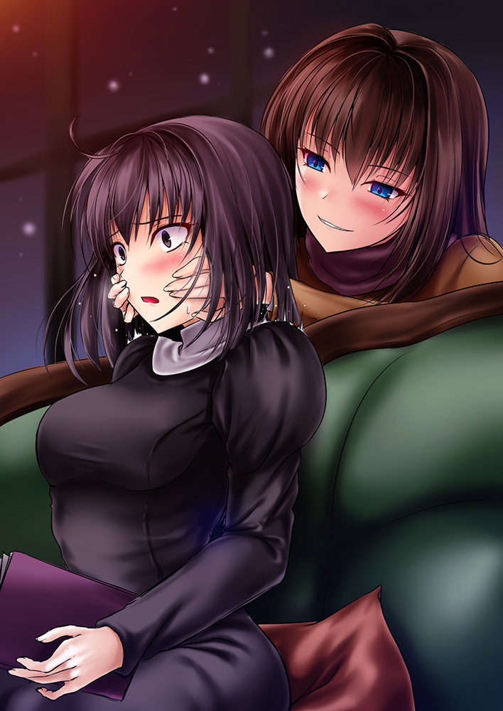 2girls akeyama_kitsune aozaki_aoko black_hair blush brown_hair couch hands_on_another's_cheeks hands_on_another's_face kuonji_alice long_hair mahou_tsukai_no_yoru multiple_girls naughty_face scarf short_hair smile yuri