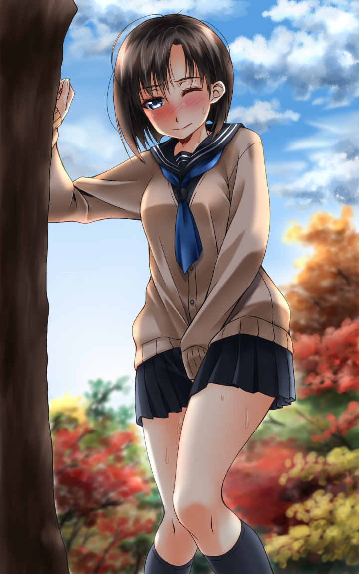 1girl autumn bangs between_legs black_legwear blue_eyes blue_neckwear blue_sailor_collar blue_skirt blue_sky blush breasts brown_hair brown_shirt clouds commentary_request day embarrassed eyebrows_visible_through_hair hand_between_legs hand_up have_to_pee kneehighs knees_together_feet_apart long_sleeves miniskirt neckerchief nose_blush original outdoors pleated_skirt sailor_collar school_uniform serafuku shiny shiny_hair shirt short_hair skirt sky small_breasts solo standing sumeragi_tomo sweat tree