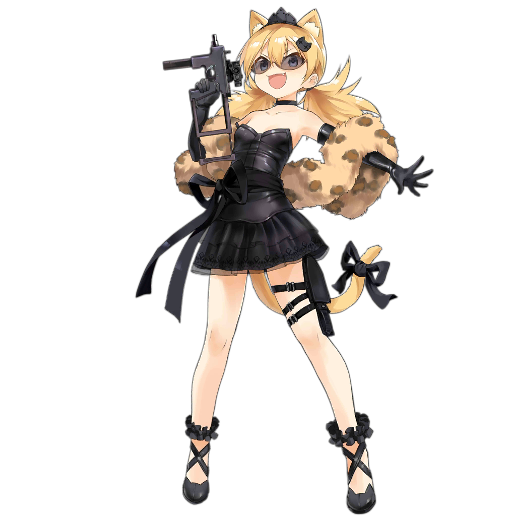 1girl alternate_costume animal_ears black_dress black_footwear black_gloves black_ribbon black_skirt blonde_hair blue_eyes cat_ears cat_tail dress elbow_gloves extra_ears girls_frontline glasses gloves gun idw_(girls_frontline) kisetsu military official_art parker-hale_idw ribbon skirt solo submachine_gun tail tail_ribbon thigh_strap thighs transparent_background twintails weapon