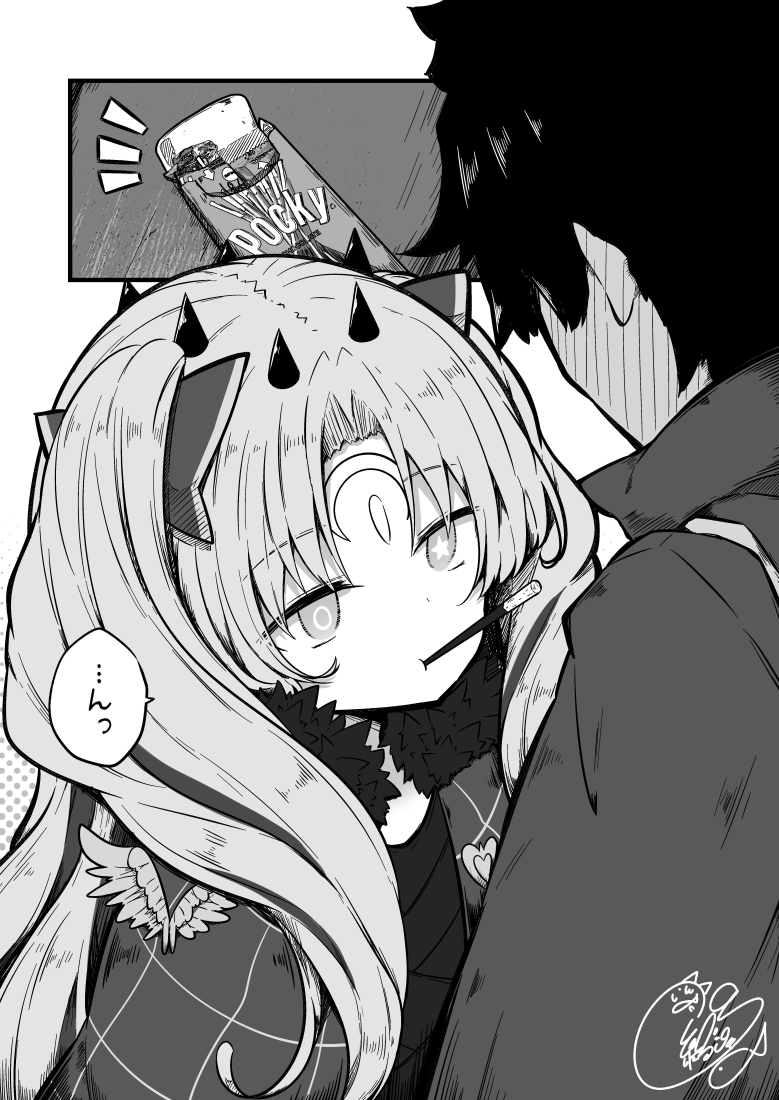 1boy 1girl bangs beni_shake blush cloak closed_mouth commentary_request eyebrows_visible_through_hair facial_mark fate/grand_order fate_(series) food food_in_mouth forehead_mark fujimaru_ritsuka_(male) full-face_blush fur-trimmed_cloak fur_trim greyscale horns ishtar_(fate/grand_order) jacket long_hair monochrome mouth_hold notice_lines parted_bangs pocky polar_chaldea_uniform signature space_ishtar_(fate) star star-shaped_pupils symbol-shaped_pupils two_side_up uniform very_long_hair