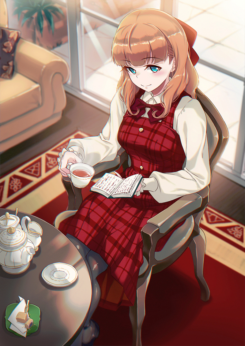 1girl 40hara bangs blue_eyes blush book bow bowtie breasts chair collared_shirt cup day dress eyebrows_visible_through_hair food frilled_sleeves frills hair_bow holding holding_book holding_cup indoors iya_na_kao_sare_nagara_kozukuri_sasete_moraitai long_hair long_sleeves looking_at_viewer medium_breasts orange_hair red_bow red_dress red_neckwear shirt sidelocks sitting solo table white_shirt