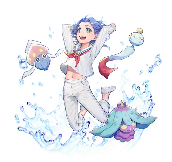 1boy :d arms_up artist_request blue_hair chimecho gen_6_pokemon gen_7_pokemon green_eyes inkay jumping kojirou_(pokemon) mareanie navel open_mouth pants pokemon pokemon_(anime) pokemon_(creature) red_neckwear shirt simple_background smile source_request splashing water white_background white_footwear white_pants white_shirt