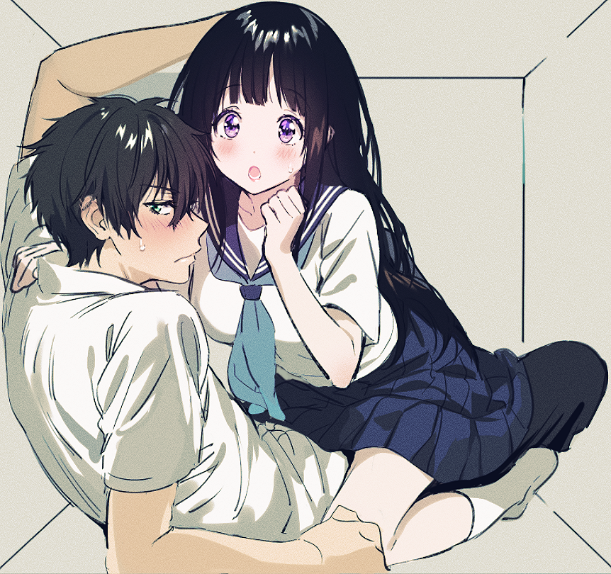1boy 1girl arms_up bangs black_hair blush box breasts chitanda_eru closed_mouth couple ear_blush embarrassed eyebrows_visible_through_hair green_eyes hair_between_eyes hand_on_another's_shoulder hetero hyouka in_box in_container indoors kneehighs leaning_back long_hair looking_at_another looking_to_the_side mery_(apfl0515) open_mouth oreki_houtarou school_uniform serafuku shirt short_sleeves sitting sitting_on_person skirt sweat sweatdrop violet_eyes white_legwear white_shirt