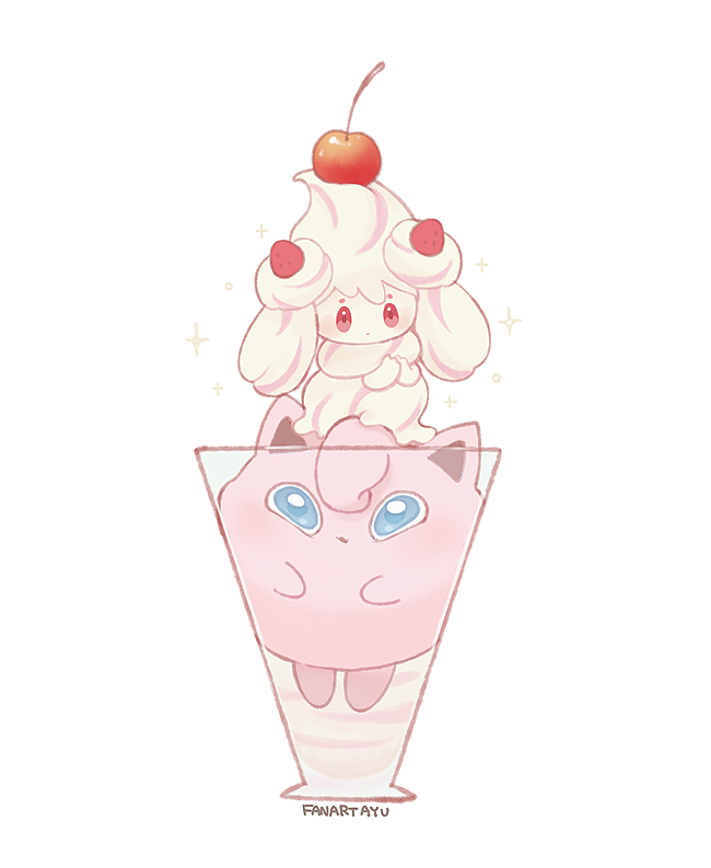 alcremie ayu_(mog) blue_eyes cheek_squash cherry cream cup drinking_glass food fruit full_body gen_1_pokemon gen_8_pokemon jigglypuff looking_at_viewer looking_down no_humans pokemon pokemon_(creature) red_eyes simple_background smile sparkle strawberry transparent white_background