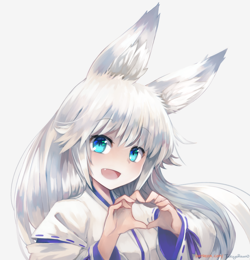 1girl :d animal_ear_fluff animal_ears artist_name bangs blue_eyes commentary commission english_commentary eyebrows_visible_through_hair fang fox_ears heart heart_hands japanese_clothes long_hair looking_at_viewer open_mouth original silver_hair simple_background smile solo takuyarawr upper_body white_background wide_sleeves