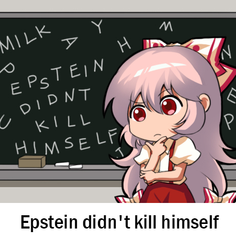 1girl bow chalk chalkboard english_text eraser fujiwara_no_mokou hair_between_eyes hair_bow long_hair lowres meme no_nose pants red_eyes red_pants shangguan_feiying short_sleeves solo suspenders thinking touhou wavy_eyebrows white_hair