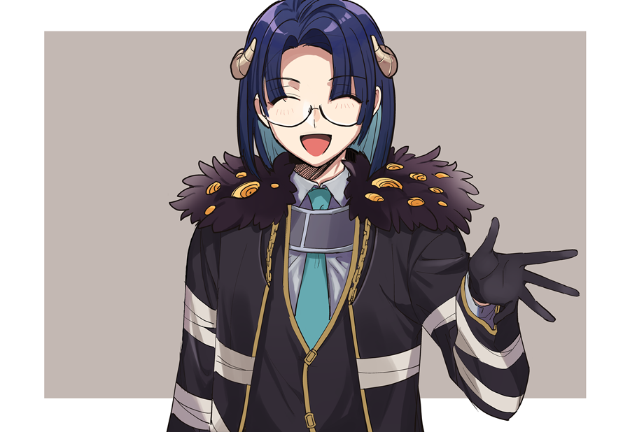 1boy aqua_hair aqua_necktie black_gloves black_jacket black_vest blue_hair closed_eyes collared_shirt colored_inner_hair commentary_request dark_blue_hair e.g.o_(project_moon) employee_(lobotomy_corporation) facing_viewer fur-trimmed_jacket fur_trim glasses gloves hand_up horns jacket lobotomy_corporation long_sleeves male_focus medu_(rubish) multicolored_hair necktie open_clothes open_jacket open_mouth project_moon shirt short_hair simple_background smile solo two-tone_hair upper_body vest white_shirt