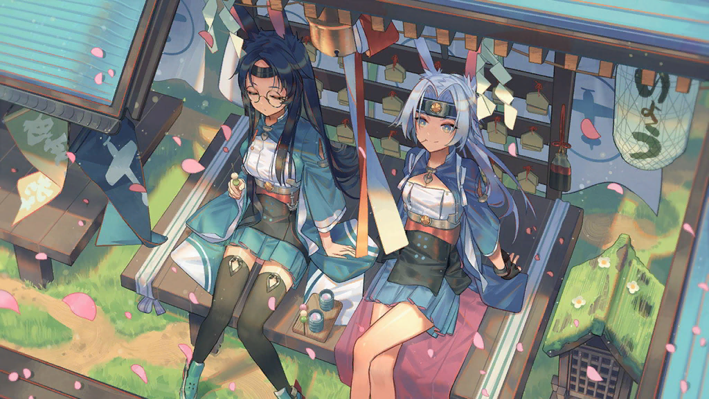 2girls animal_ears arm_support azur_lane black_legwear blue_eyes blue_hair cherry_blossoms closed_eyes closed_mouth crossed_legs cup day ema food from_above glasses grass headband hiryuu_(azur_lane) japanese_clothes long_hair multiple_girls norizc official_art petals pleated_skirt rabbit_ears sitting skirt smile souryuu_(azur_lane) thigh-highs very_long_hair