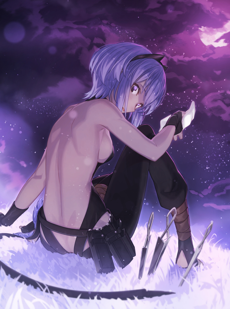 1girl ankle_wrap arm_support bare_back bare_shoulders barefoot black_gloves black_hairband breasts clouds dark_skin fate/grand_order fate/prototype fate/prototype:_fragments_of_blue_and_silver fate_(series) fingerless_gloves from_behind gloves grass hairband hassan_of_serenity_(fate) kunai looking_at_viewer looking_back m-ya medium_breasts moon night night_sky purple_hair revision short_hair sideboob sitting sky solo toeless_legwear violet_eyes weapon