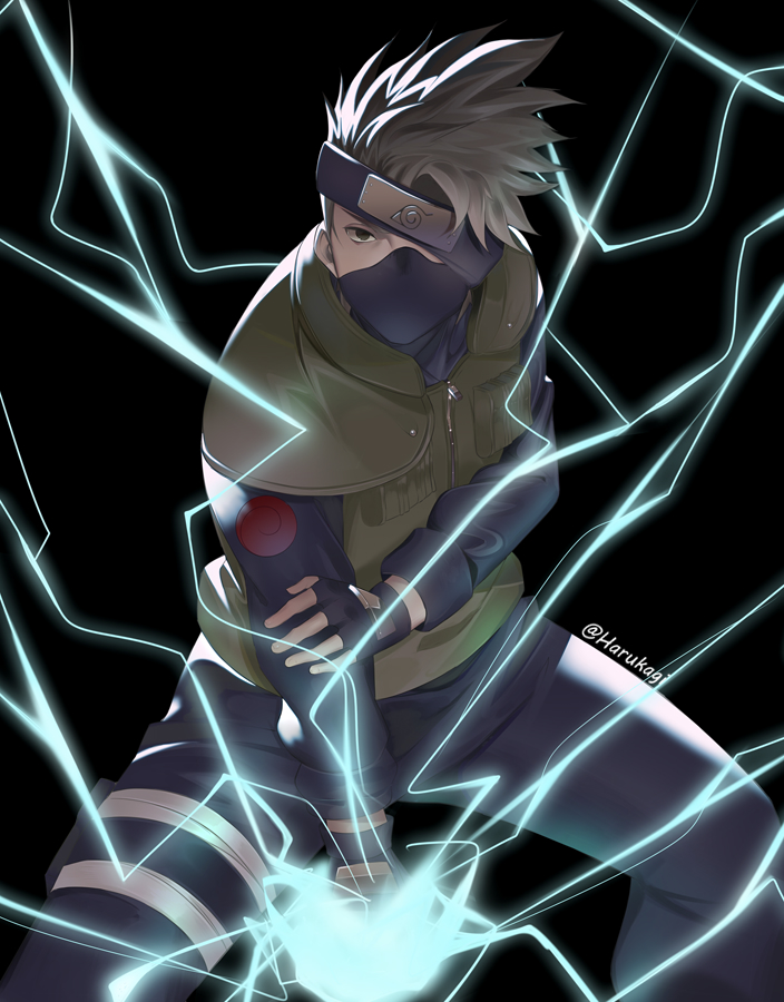 1boy artist_name black_background black_gloves black_mask_(clothing) commentary_request face_mask fingerless_gloves forehead_protector gloves grey_hair harukagi hatake_kakashi konohagakure_symbol lightning long_hair long_sleeves looking_at_viewer male_focus mask naruto naruto_(series) ninjutsu silver_hair simple_background solo spiky_hair