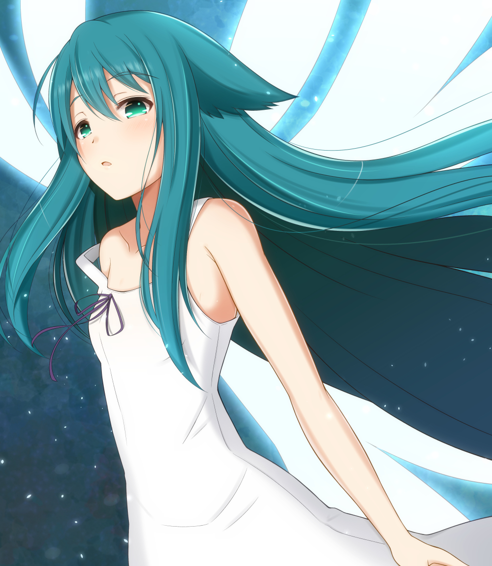 1girl bands bare_shoulders blush bunny1219 collarbone dress energy_wings flat_chest green_eyes green_hair hair_between_eyes hair_flaps light_particles long_hair looking_at_viewer open_mouth ribbon saya saya_no_uta sidelocks sleeveless solo standing sundress very_long_hair white_dress wings