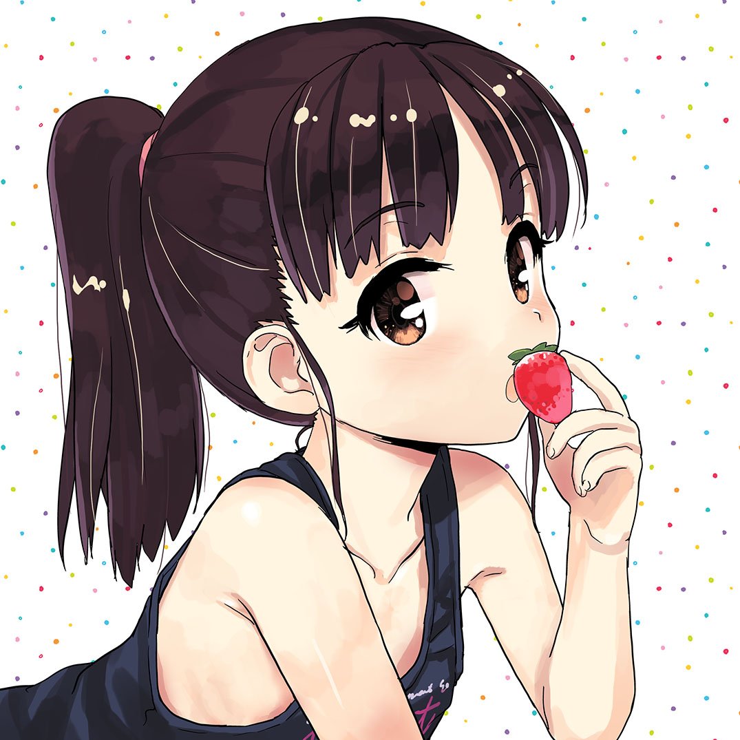 1girl bangs bare_arms bare_shoulders black_tank_top brown_eyes brown_hair collarbone commentary_request eyebrows_visible_through_hair food fruit hand_up holding holding_food holding_fruit jiji long_hair looking_at_viewer original parted_lips ponytail solo strawberry tank_top white_background