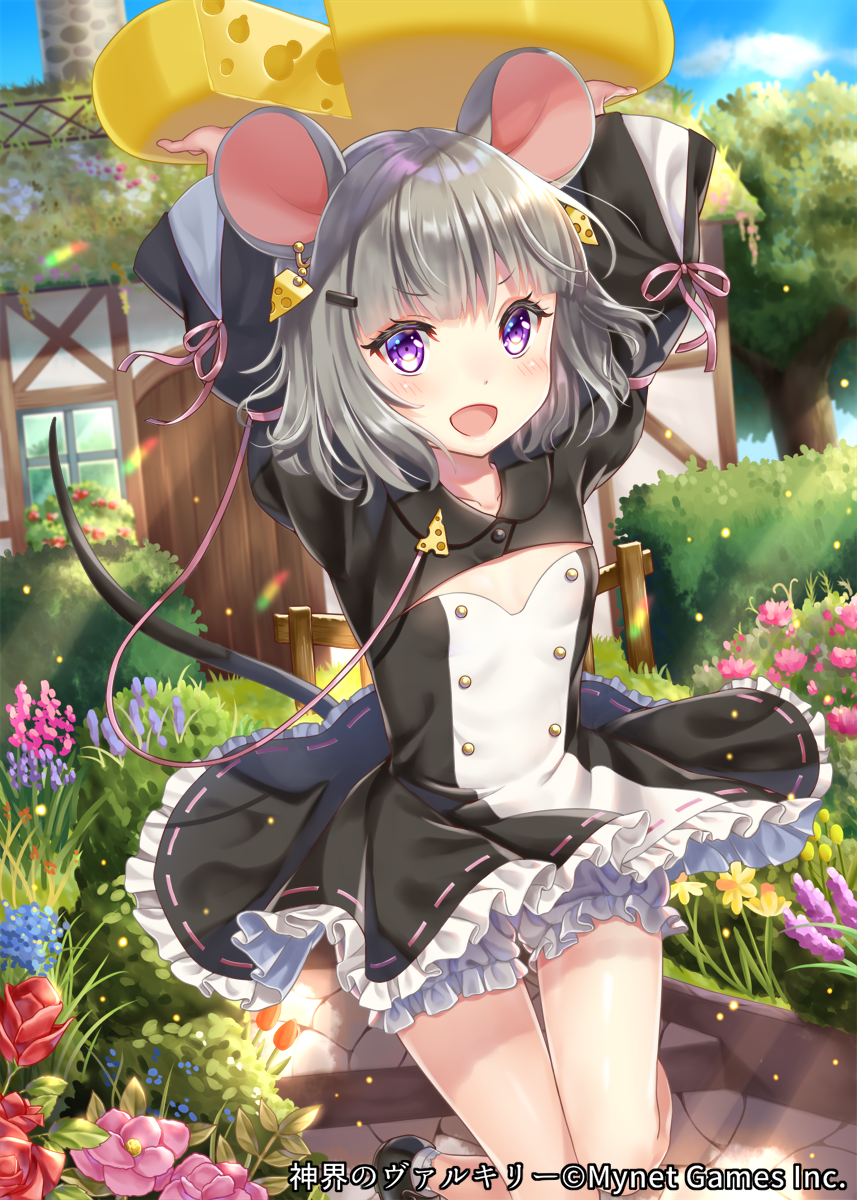 1girl :d animal_ears arms_up black_dress bloomers blue_sky bush cheese cheese_earrings day door dress earrings flat_chest flower food food_themed_earrings frills garden grey_hair hair_ornament hairclip hakuda_tofu highres jewelry looking_at_viewer medium_hair mouse_ears mouse_girl mouse_tail open_mouth outdoors pink_ribbon ribbon ribbon-trimmed_dress shinkai_no_valkyrie silver_hair sky smile solo standing tail tree underwear violet_eyes