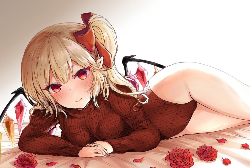 1girl alternate_costume bare_hips bed_sheet blush bow breasts closed_mouth crystal fang fang_out flandre_scarlet flower gradient gradient_background hair_bow highleg highleg_leotard leotard long_sleeves looking_back lying medium_hair on_side pointy_ears red_bow red_eyes red_flower red_leotard red_rose rose side_ponytail small_breasts smile solo thighs touhou turtleneck_leotard wings yuma_(yuuma_pants)