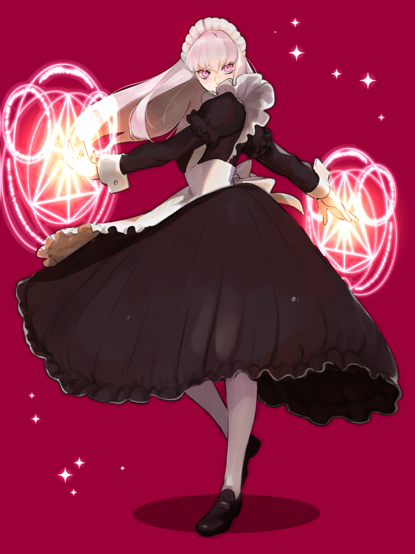 1girl black_dress black_footwear blush closed_mouth cuffs dress emcgame frilled_dress frills glowing long_hair magic magic_circle maid maid_headdress original pink_eyes red_background simple_background solo sparkle white_legwear