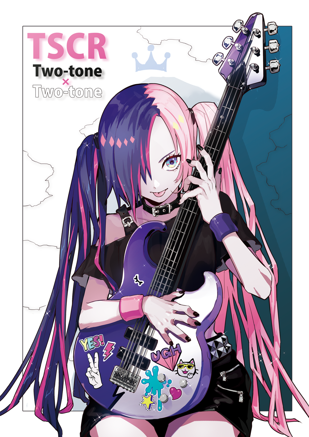 1girl collar guitar hair_ornament hair_over_one_eye highres instrument multicolored multicolored_eyes multicolored_hair original puppeteer7777 tongue twintails two-tone_hair
