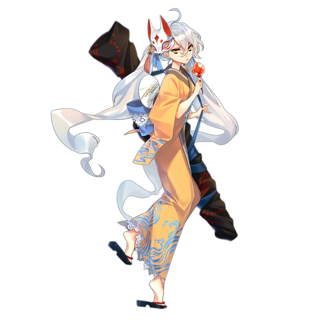 1girl ahoge alternate_costume bangs candy_apple food fox_mask from_side girls_frontline hair_between_eyes hands_up holding holding_food japanese_clothes jitome kimono long_hair looking_at_viewer low_twintails mask mask_on_head no_sense_of_shame obi official_art parted_lips pkp_(girls_frontline) sandals sash silver_hair skinny solo transparent_background tsurime twintails very_long_hair wide_sleeves yellow_eyes yellow_kimono yukata