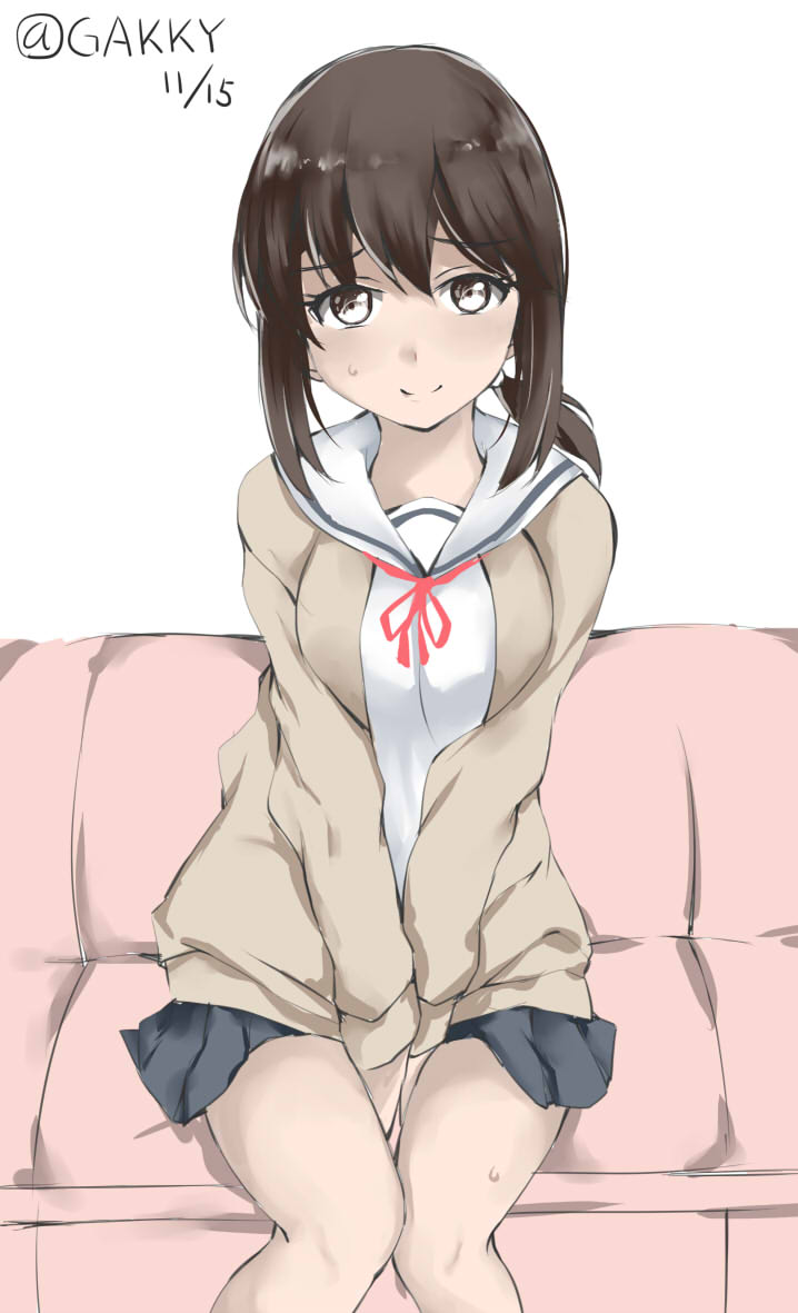 1girl alternate_costume between_legs brown_hair cardigan couch fubuki_(kantai_collection) gakky greyscale hand_between_legs kantai_collection long_hair looking_at_viewer monochrome ponytail school_uniform serafuku skirt smile solo