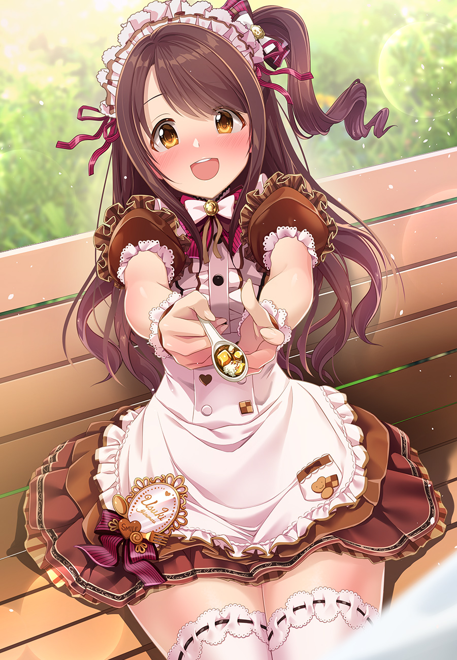 1girl :d alternate_costume apron badge bangs bench blurry blurry_background blush bow bowtie brown_eyes brown_hair brown_skirt buttons character_name commentary_request cookie cowboy_shot curry dress enmaided falling_petals feeding field food frilled_dress frilled_sleeves frills gradient grass hair_ornament hair_ribbon highres holding holding_spoon idolmaster idolmaster_cinderella_girls kazu layered_skirt lens_flare long_hair looking_at_viewer maid maid_apron maid_headdress nose_blush open_mouth outstretched_arms petals puffy_short_sleeves puffy_sleeves ribbon ribbon-trimmed_legwear ribbon_trim round_teeth shimamura_uzuki short_sleeves side_ponytail sidelocks sitting skirt smile solo spoon striped swept_bangs tareme teeth thigh-highs thighs upper_teeth wavy_hair white_apron white_bow white_legwear white_neckwear wrist_cuffs