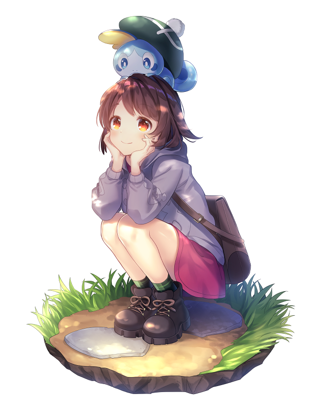 1girl backpack bag bangs boots borrowed_garments brown_eyes brown_footwear brown_hair cardigan dress female_protagonist_(pokemon_swsh) full_body gen_8_pokemon grass green_headwear green_legwear grey_cardigan hair_flaps hands_on_own_cheeks hands_on_own_face hat head_rest long_sleeves natsu_mikan_(clutch) pink_dress pokemon pokemon_(creature) pokemon_(game) pokemon_on_head pokemon_swsh pom_pom_(clothes) puddle short_hair simple_background smile sobble socks squatting tam_o'_shanter white_background