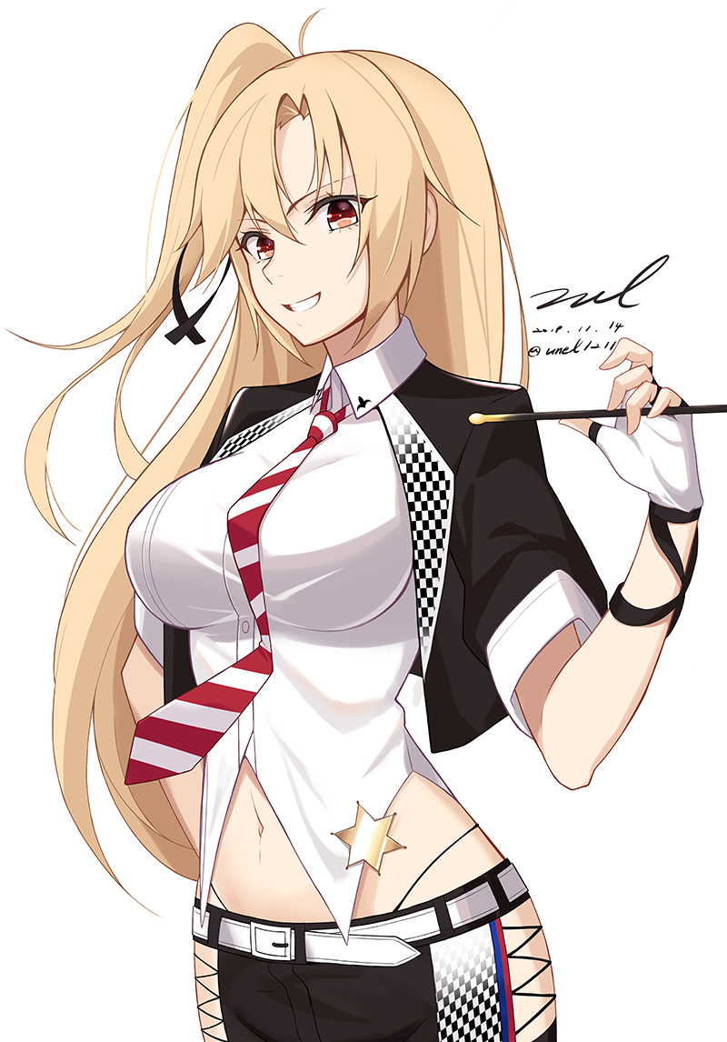1girl azur_lane belt black_jacket black_shorts blonde_hair breasts checkered cleveland_(azur_lane) cleveland_(muse)_(azur_lane) collared_shirt cropped_jacket dated fingerless_gloves gloves grin hand_up hexagram highleg holding jacket large_breasts long_hair looking_at_viewer midriff navel necktie one_side_up open_clothes open_jacket red_eyes shirt short_sleeves shorts side_cutout sidelocks signature simple_background smile solo twitter_username unel upper_body white_background white_gloves white_shirt