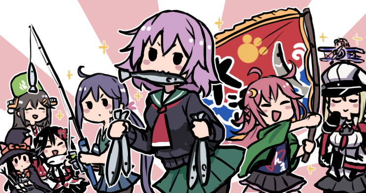 6+girls :3 ahoge aircraft akebono_(kantai_collection) asashio_(kantai_collection) black_gloves black_skirt blue_skirt blush blush_stickers breasts bucket cape closed_eyes fairy_(kantai_collection) fish fishing_rod flag flower gloves graf_zeppelin_(kantai_collection) green_skirt hair_flower hair_ornament hair_ribbon haruna_(kantai_collection) hat headgear holding holding_fish holding_fishing_rod holding_flag kantai_collection long_hair mouth_hold multiple_girls paw_print pleated_skirt remodel_(kantai_collection) ribbon sailor_collar saury scarf school_uniform sendai_(kantai_collection) serafuku short_hair skirt smile sparkle sweat sweater tama_(kantai_collection) terrajin uniform uzuki_(kantai_collection) witch_hat