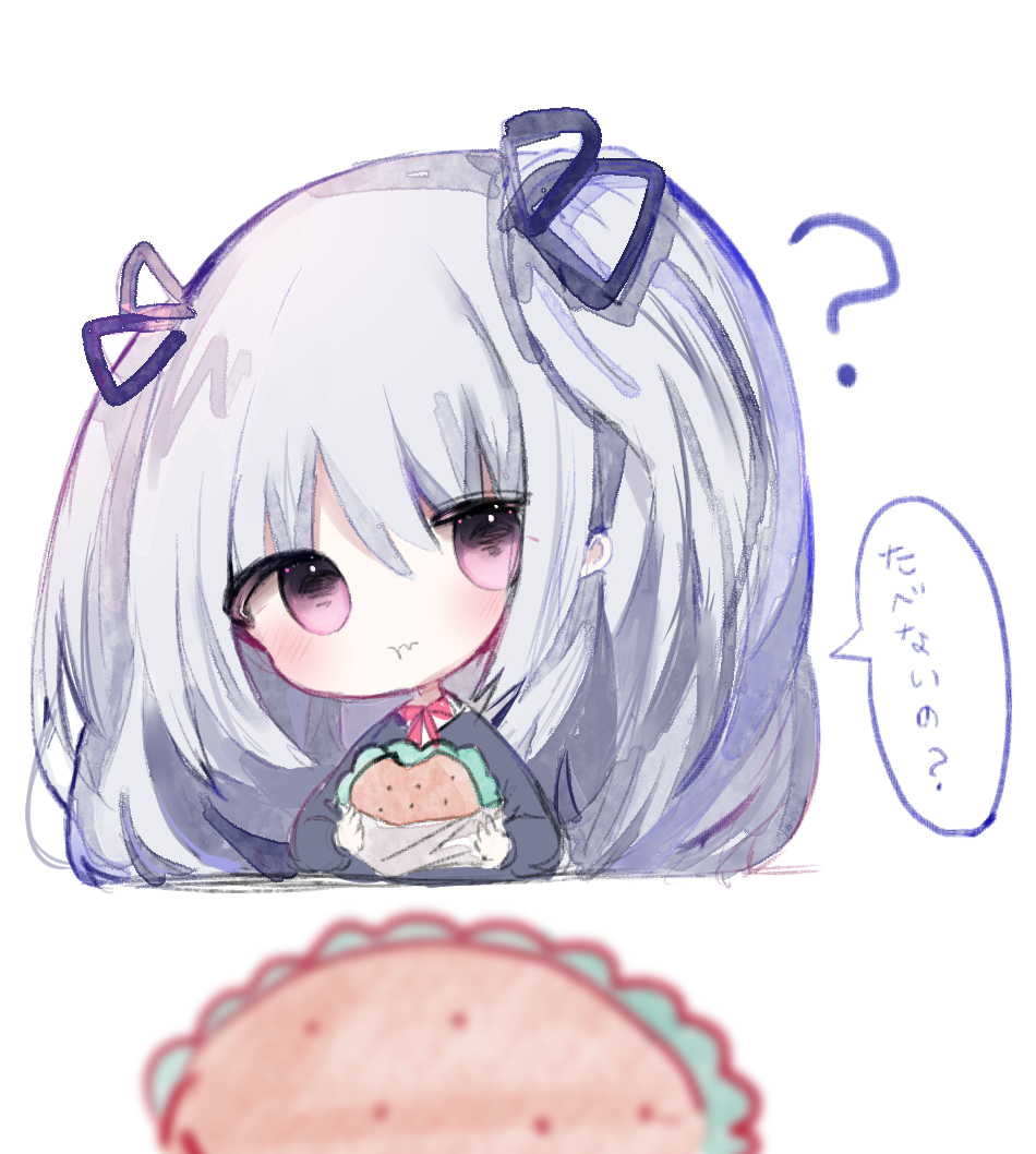 1girl :t bangs black_ribbon black_sweater blurry blurry_foreground blush bow chibi closed_mouth cottontailtokki depth_of_field eating eyebrows_visible_through_hair food granblue_fantasy grey_hair hair_between_eyes hair_ribbon holding holding_food long_hair long_sleeves looking_at_viewer queen_orchis red_bow ribbon shingeki_no_bahamut simple_background solo sweater translation_request two_side_up very_long_hair violet_eyes wavy_mouth white_background