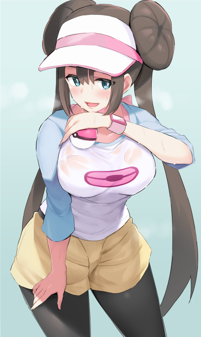 1girl :d black_legwear blush breasts cowboy_shot double_bun hair_bun half-closed_eyes hand_on_own_thigh heavy_breathing holding holding_poke_ball large_breasts long_hair low_twintails mei_(pokemon) noripachi open_mouth pantyhose poke_ball poke_ball_(generic) pokemon pokemon_(game) pokemon_bw2 raglan_sleeves see-through shirt short_shorts shorts simple_background smile standing sweat twintails very_long_hair visor_cap watch watch wet wet_clothes wet_shirt white_background yellow_shirt