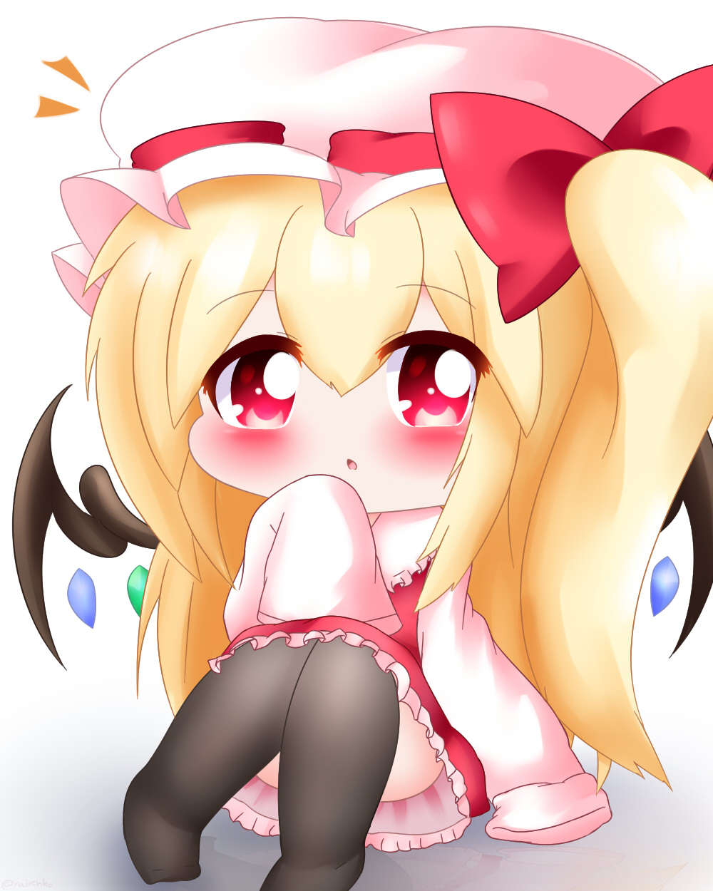 1girl :o alternate_hair_length alternate_hairstyle arm_up black_legwear blonde_hair blush chibi commentary_request convenient_leg eyebrows_visible_through_hair flandre_scarlet hair_between_eyes hat hat_ribbon highres knees_together_feet_apart knees_up long_hair looking_at_viewer mob_cap no_shoes over-kneehighs petticoat red_eyes red_skirt red_vest ribbon shadow side_ponytail simple_background sitting skirt sleeves_past_fingers sleeves_past_wrists solo thigh-highs touhou very_long_hair vest white_background white_headwear wings yairenko