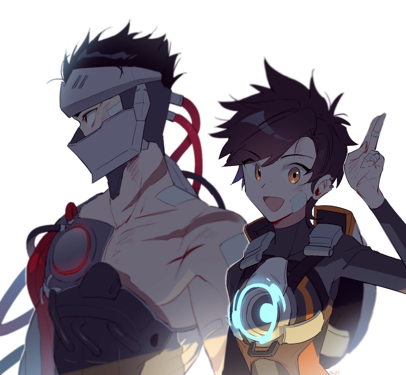 1boy 1girl :d alternate_costume arm_up armor bangs bare_shoulders black_hair blackwatch_genji bodysuit brown_eyes brown_hair collar commentary_request cyborg eyes_visible_through_hair face_mask genji_(overwatch) harness highres injury jacket long_sleeves looking_at_viewer looking_to_the_side maro_(lij512) mask open_mouth overwatch red_eyes scratched scratches shadow short_hair simple_background smile spiky_hair tracer_(overwatch) upper_body white_background