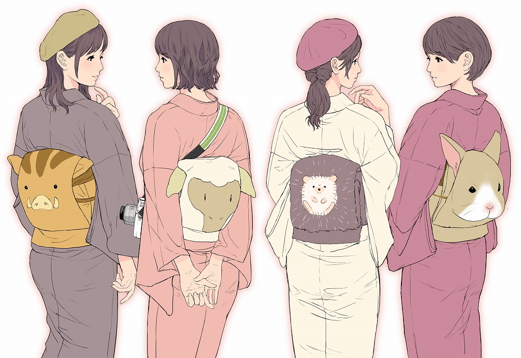 4girls animal_print arm_at_side arms_behind_back bangs bob_cut brown_hair brown_headwear bunny_print camera cowboy_shot eye_contact finger_to_chin from_behind grey_kimono hat hedgehog japanese_clothes kimono light_smile looking_at_another medium_hair multiple_girls munakata_(hisahige) obi original own_hands_together pig_print pink_headwear pink_kimono ponytail profile red_kimono sash sheep_print simple_background white_background white_kimono