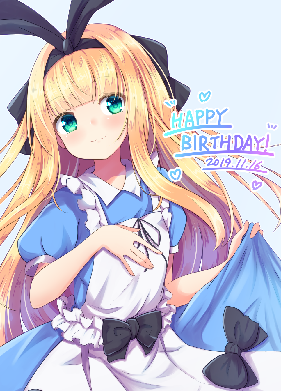 1girl apron bangs baram black_bow black_hairband black_ribbon blonde_hair blue_background blue_dress blunt_bangs bow closed_mouth commentary_request dated dress eyebrows_visible_through_hair frilled_apron frills green_eyes hair_ribbon hairband hand_on_own_chest hands_up happy_birthday heart highres long_hair mononobe_alice nijisanji puffy_short_sleeves puffy_sleeves ribbon short_sleeves simple_background skirt_hold smile solo very_long_hair virtual_youtuber white_apron