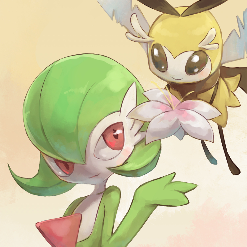 1girl antennae black_eyes blush commentary_request flower flying gardevoir gen_3_pokemon gen_7_pokemon gradient gradient_background green_hair hand_up looking_to_the_side no_humans pink_flower pokemon pokemon_(creature) pokemon_(game) polyacryla red_eyes ribombee short_hair simple_background smile wings yellow_background