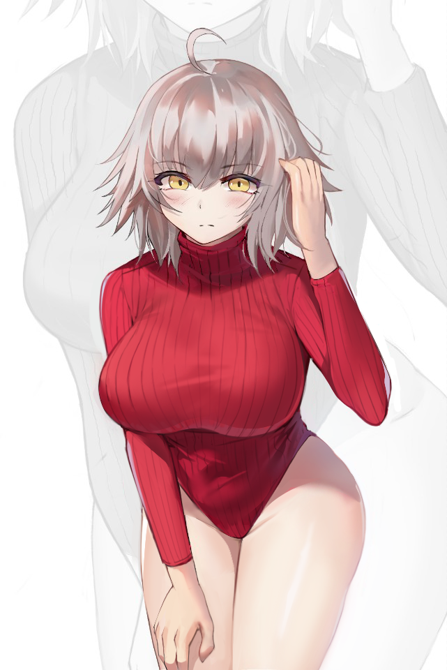 1girl ahoge bangs breasts eto_(nistavilo2) fate/grand_order fate_(series) highleg highleg_leotard impossible_clothes impossible_leotard impossible_sweater jeanne_d'arc_(alter)_(fate) jeanne_d'arc_(fate)_(all) large_breasts leotard long_sleeves meme_attire red_leotard red_sweater ribbed_leotard short_hair silver_hair solo striped_leotard sweater turtleneck turtleneck_leotard turtleneck_sweater yellow_eyes zoom_layer