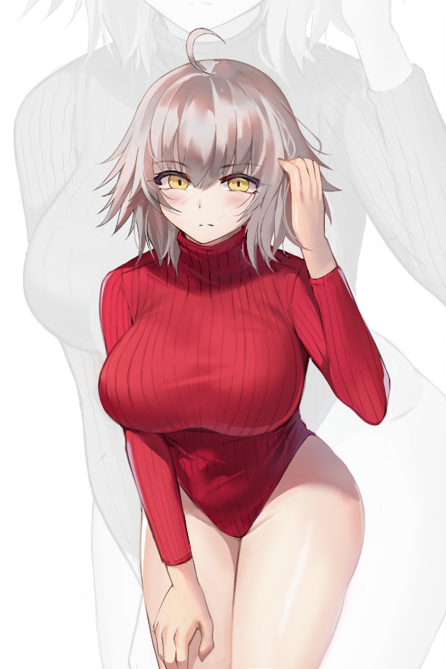 1girl ahoge bangs breasts eto_(nistavilo2) fate/grand_order fate_(series) highleg highleg_leotard impossible_clothes impossible_leotard impossible_sweater jeanne_d'arc_(alter)_(fate) jeanne_d'arc_(fate)_(all) large_breasts leotard long_sleeves meme_attire red_leotard red_sweater revision ribbed_leotard short_hair silver_hair solo striped_leotard sweater turtleneck turtleneck_leotard turtleneck_sweater yellow_eyes zoom_layer