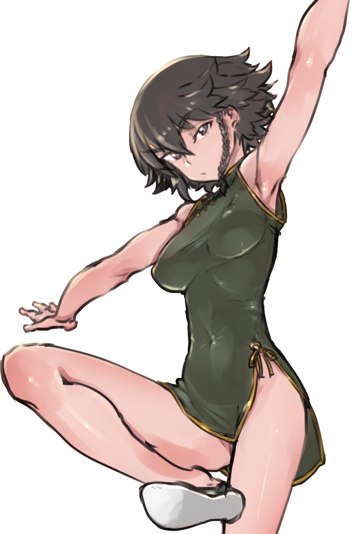 1girl abaratani_kurou alternate_costume armpits bangs black_dress black_footwear black_hair braid breasts brown_eyes china_dress chinese_clothes closed_mouth covered_navel cowboy_shot dress eyebrows_visible_through_hair flats girls_und_panzer half-closed_eyes highres leg_up legs light_frown looking_at_viewer medium_breasts microdress outstretched_arms pepperoni_(girls_und_panzer) pose short_hair side_braid side_slit simple_background sleeveless sleeveless_dress solo spread_arms standing white_background