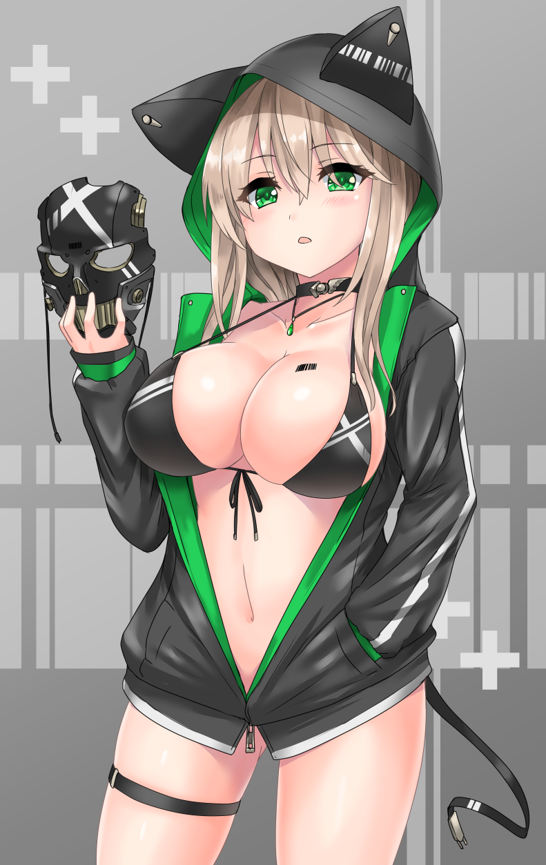 1girl animal_hood barcode_tattoo black_bikini_top black_mask_(clothing) breasts choker collarbone commentary_request cowboy_shot green_eyes highres holding holding_mask hood hood_up hooded_jacket jacket large_breasts long_hair long_sleeves mask miyuki_rei navel open_clothes open_jacket original partially_unzipped platinum_blonde_hair sidelocks solo standing tattoo thigh_strap