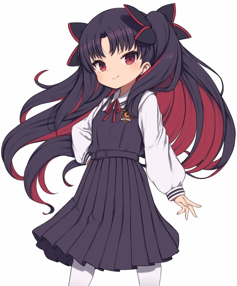 &gt;:) 1girl bangs black_dress black_hair blush closed_mouth collared_shirt commentary_request dress eyebrows_visible_through_hair fate/grand_order fate_(series) gamuo hair_ornament ishtar_(fate/grand_order) long_hair long_sleeves multicolored_hair neck_ribbon pantyhose parted_bangs pinafore_dress pleated_dress puffy_long_sleeves puffy_sleeves red_eyes red_ribbon redhead ribbon shirt simple_background sleeveless sleeveless_dress sleeves_past_wrists smile solo space_ishtar_(fate) two-tone_hair two_side_up v-shaped_eyebrows very_long_hair white_background white_legwear white_shirt