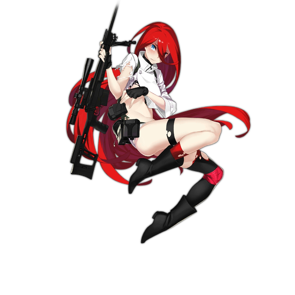 1girl 92m ass bipod black_footwear black_gloves black_legwear blue_eyes blush boots breasts bright_pupils covering covering_breasts crop_top eyes_visible_through_hair fingerless_gloves full_body girls_frontline gloves gun hair_between_eyes long_hair looking_at_viewer medium_breasts midriff navel official_art orsis_t-5000 parted_lips pouch red_legwear redhead rifle scope short_shorts shorts single_sock single_thighhigh sniper_rifle socks solo sweatdrop t-5000_(girls_frontline) thigh-highs thigh_strap torn_clothes transparent_background very_long_hair weapon